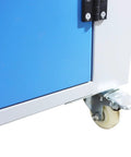 Heavy Duty Metal Working Downdraft Table With Side Suction Plate And Dust Collection Drum For Welding Grind Stations 2.2KW 220V Industrial Fume Extractor Garage Workhorse No Sweat Cleanup close-up of blue cabinet corner and caster wheel