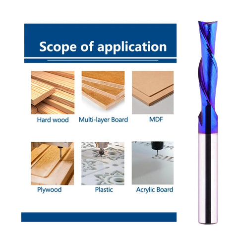 Spiral CNC Router Bit Down Cut Quarter Inch Shank Solid Carbide End Mill with Blue Nano Coated Finish beside application chart.