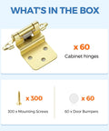 Game Changer Self Closing Soft Close Cabinet Hinges, 3/8 Inch Inset Brushed Gold Finish, 60 Pack displayed with screws and door bumpers.