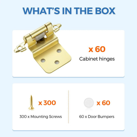 Game Changer Self Closing Soft Close Cabinet Hinges, 3/8 Inch Inset Brushed Gold Finish, 60 Pack displayed with screws and door bumpers.