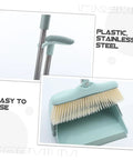 Top Shelf Long Handle Dustpan And Broom Set For All Hard Floors, No Sweat Sweeping Kit For Wood Tile And Laminate, showing plastic handle and stainless steel broom head.