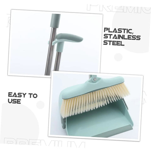 Top Shelf Long Handle Dustpan And Broom Set For All Hard Floors, No Sweat Sweeping Kit For Wood Tile And Laminate, showing plastic handle and stainless steel broom head.