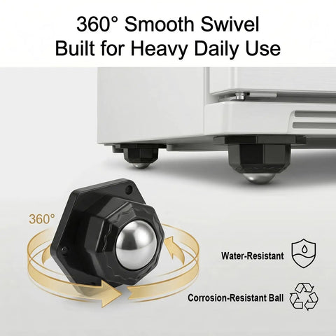 Heavy Duty Hex Self Adhesive Caster Wheels Four Pack showing 360° swivel design and corrosion-resistant ball for smooth use.