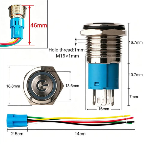 Two Pack 16mm Stainless Steel Latching Push Button Switch Waterproof IP65 12V 24V 5A SPDT On Off 1NO1NC With Blue LED