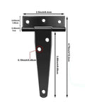 Diagram of Six Piece 4 Inch T Hinge Set For Doors And Gates, Rust Proof Black Hardware, with measurements in inches and cm