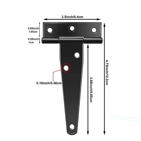 Diagram of Six Piece 4 Inch T Hinge Set For Doors And Gates, Rust Proof Black Hardware, with measurements in inches and cm