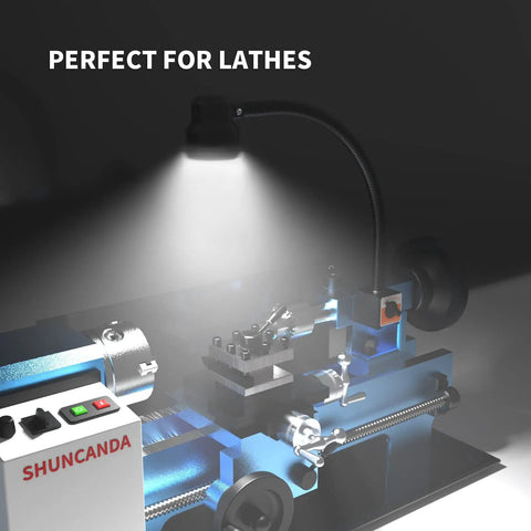 35 LED Magnetic Work Light With 1200 Lumen Output 120V Flexible Gooseneck illuminating lathe machine in dark workshop