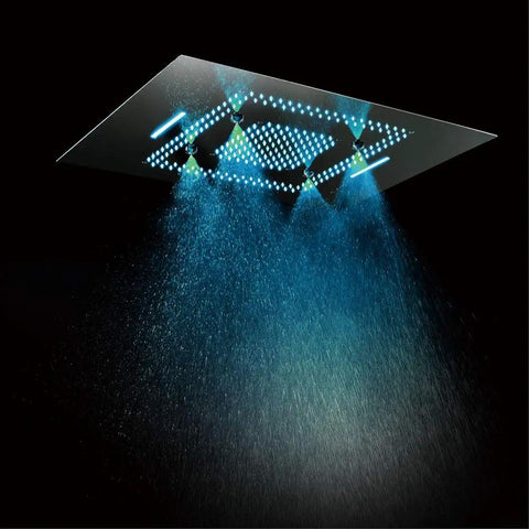 No Sweat Ceiling Mounted Shower Combo Set With Thermostatic Concealed Valve and Slick Chrome Trim For Modern Bathrooms Built Tough Copper Core Seamless LED Spray Head Plus Tub Spout with LED tech in use.