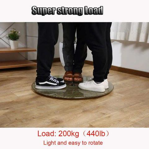 Three people standing on Tempered Glass Lazy Susan Turntable With Steel Bearings 360 Degree Smooth Quiet Rotation Serving Tray For Dining Table