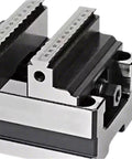 Close-up of self centering jaws on Self Centering Concentric Vise Featuring A Six Axis Rotary Turntable Fixture For Tight Machining Jobs delivering precise alignment.