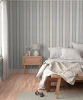 Rustic Victorian Matte Linen Wallpaper in a bedroom setting with a bed and bedside table, 2 feet wide by 27 feet long.