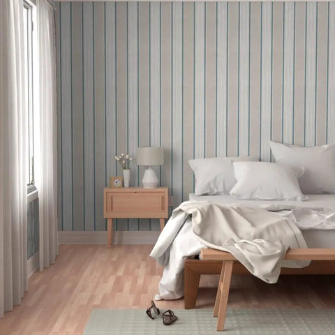 Rustic Victorian Matte Linen Wallpaper in a bedroom setting with a bed and bedside table, 2 feet wide by 27 feet long.