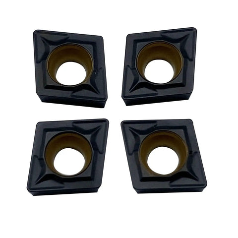Four CCMT060204 indexable carbide turning inserts for lathe and boring bar coated with TiCN Al2O3 for cast iron turning shown.