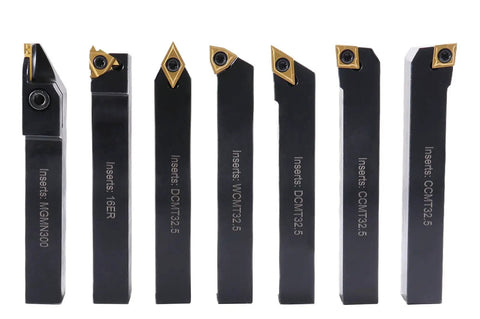 Five Eighths Inch Shank 7 Piece Indexable Turning Tool Set With Extra Inserts TiN Coated C6 Carbide For Steel Includes MGMN300, 16ER, WCMT32.5, CCMT32.5, DCMT3 Inserts And 10 Extra Inserts.