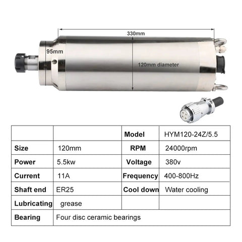 Diagram of Beefy 5.5kW Water Cooled CNC Spindle Motor For Metal Engraving with dimensions and specifications listed.