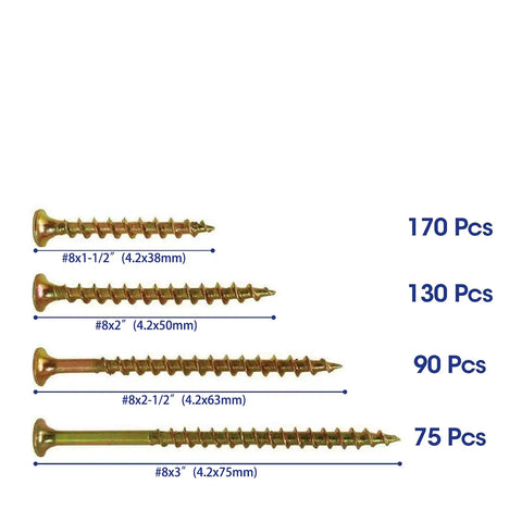 Pro Grade Wood Interior Construction Screws Kit With 100 Pcs Coarse Thread Bugle Head Yellow Zinc Drywall Screws Assortment sizes