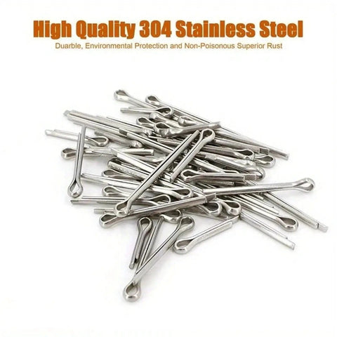 304 Stainless Steel R Shape Cotter Pins Set Assortment Kit With M1.6 M2.5 M3.2 M4 Sizes 300 Pieces displayed on a white surface