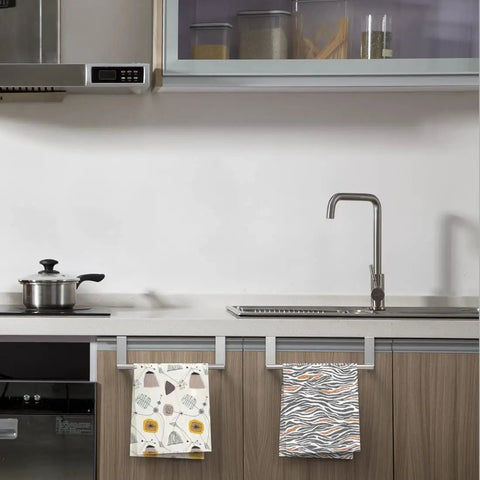 Over Cabinet Towel Rack Set, Heavy Duty Stainless Steel Kitchen Towel Bar Holder In Chrome Finish, 9 Inch Wide, 2 Pack, Easy Mount Above Cabinets For Kitchen, Bathroom, And Laundry installed on kitchen cabinet.