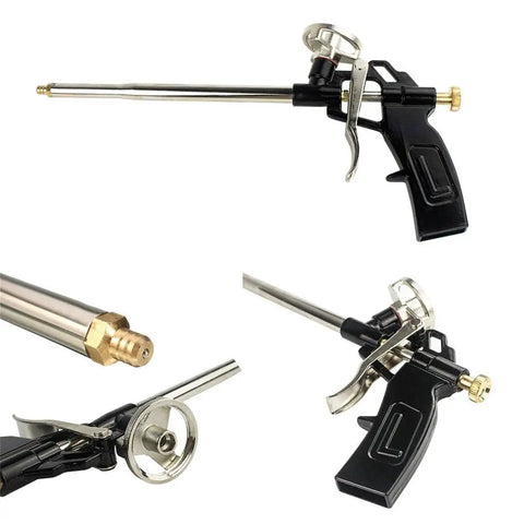 Beefy Foam Gun Pro Heavy Duty PU Expanding Caulking Gun with Metal Body Aluminum Build, ergonomic grip, shown in multiple angles.