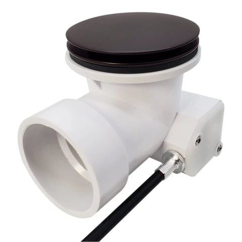 Close-up of Cable-Driven Bath Drain Trim Kit With Rotary Overflow Cover Knob Pop-Up Stopper And Schedule 40 PVC Fittings