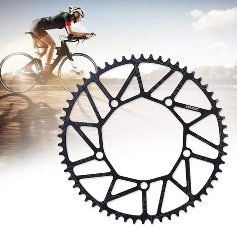 130 BCD Aluminum Alloy Narrow Wide Chainring for Road and Mountain Bikes 58T displayed beside cyclist on road