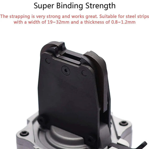 Close-up of Heavy Duty Pneumatic Steel Strapping Machine Tool 19mm Metal Sealer Tensioner and Cutter, showing detailed mechanism.