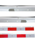 Rock Solid Stainless Steel Spring Loaded Mud Flap Hanger With Round Tube Frame and One One Eighth Bolt Spread Thirty Inch Reach Seven Inch Vibration Cushioning Coil Plus Dual Night Safe Reflectors, hardware set with reflective strips.