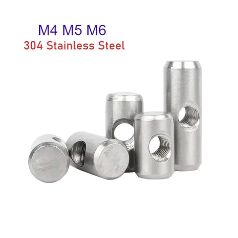 Heavy Duty 304 Stainless Steel Embedded Nut With Cross Hole Pin For Hammer In Fastening, M4 M5 M6 sizes shown.