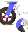 Heavy Duty Swivel Casters With Brakes Four Pack Two Fixed Plus Two Swivel Solid Rubber Puncture Proof Wheels 4000 Lb Capacity side view showing brake pedal mechanism
