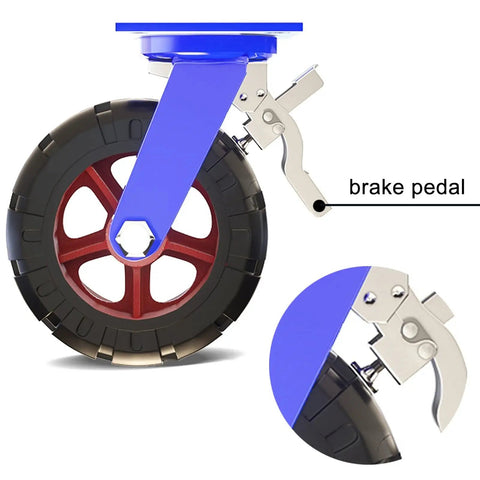 Heavy Duty Swivel And Fixed Caster Set With Ball And Roller Bearings Rated At Four Thousand Pounds with rubber wheel and brake pedal detail.