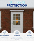 Heavy Duty Exterior Door Rain Drip Guard With Slick White Aluminum Finish universal over door mount protecting against rain.