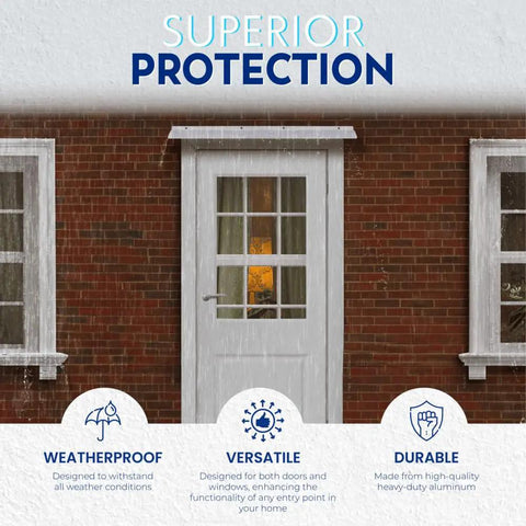 Heavy Duty Exterior Door Rain Drip Guard With Slick White Aluminum Finish universal over door mount protecting against rain.