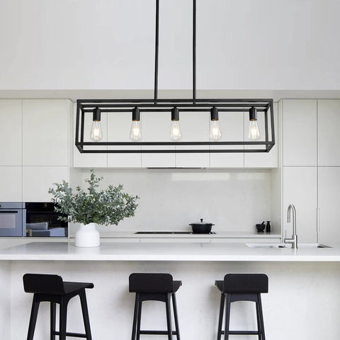 Farmhouse Kitchen Island Light With Black Matte Finish, Modern Industrial Five Light Linear Pendant Fixture in a bright kitchen setting