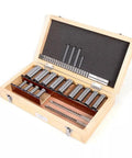 Open box of 22-piece keyway broach set with collared bushing shim kit, metric size metalworking tools for precision machining.