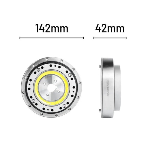 Front and side view of SHF 32 III High Precision Strain Wave Gear Reducer for automation robots and medical stepper motors, 142mm by 42mm.