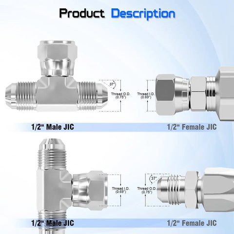 Hardcore Half Inch JIC Hydraulic Tee Adapter With Two Male Ports And One Swivel Female Port 37 Degree SAE J514 Metal To Metal Seal No Teflon Tape Needed Durable High Pressure Fittings For Industrial Hydraulics, 1/2 in steel tee