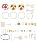Retro Steam Engine Kit For DIY Assembly, Metal Steam Engine Model parts layout with flywheel, spherical boiler, and tools