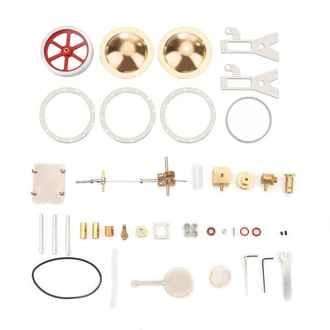 Retro Steam Engine Kit For DIY Assembly, Metal Steam Engine Model parts layout with flywheel, spherical boiler, and tools