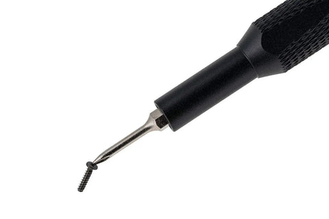 Close-up of Mahi Driver Kit All In One One Quarter Inch Aluminum Bit Driver With Swivel Top Knurled Grip tightening a screw