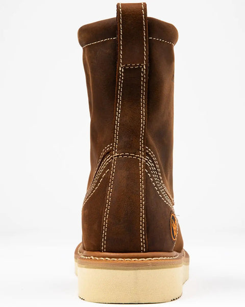 Back view of 8 Inch Moc Toe Work Boot With Goodyear Welt Construction Brown Leather Electrical Hazard Protection Triple Stitched Blucher And Counter Lightweight Slip Resistant Blown Rubber Outsole Mens 8.5 DM US