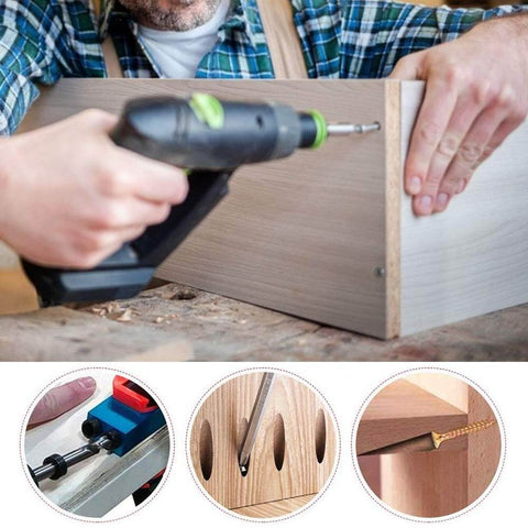 Person using Pocket Hole Jig Kit 14Pcs With 15 Degree Woodworking Angle Drill Guide Dual Pocket For Accurate 2 Way Holes Aluminum Body