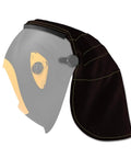 Extended Welding Helmet Cover With Press Fit Seal That Cuts Glare And Adds Neck Protection Dope Fit For Lincoln Welding Helmets And Most Other Models Black, shown on a helmet