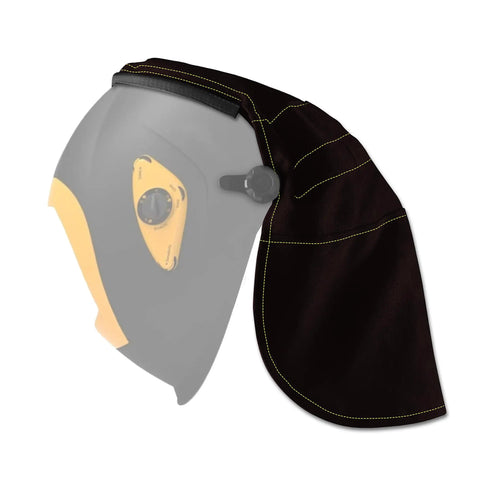 Extended Welding Helmet Cover With Press Fit Seal That Cuts Glare And Adds Neck Protection Dope Fit For Lincoln Welding Helmets And Most Other Models Black, shown on a helmet