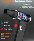 Powerful Cordless Air Duster with 110000 RPM Brushless Motor and adjustable speed settings, black.