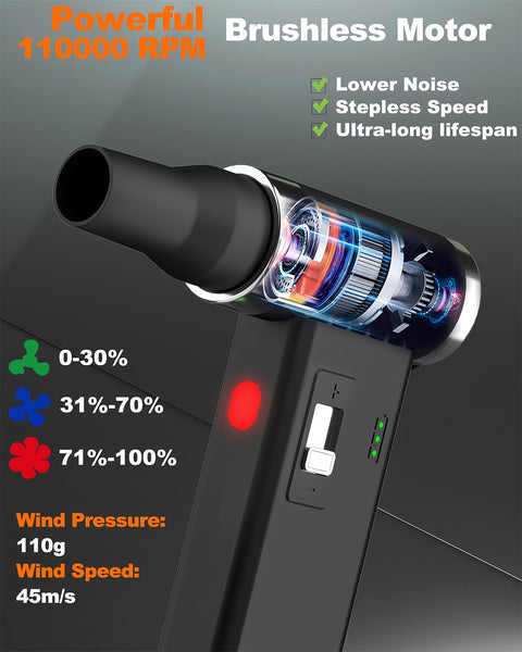 Powerful Cordless Air Duster with 110000 RPM Brushless Motor and adjustable speed settings, black.