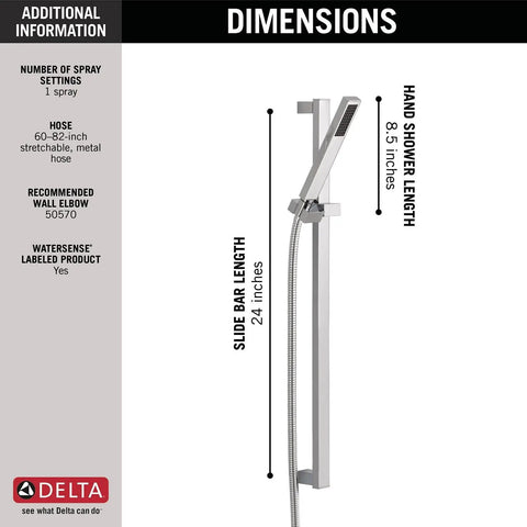 Vero Single Spray Touch Clean Wall Mount Slide Bar Handheld Shower With Hose Chrome Finish dimensions overview