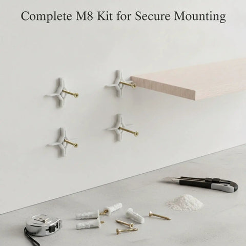 Grab And Go Hollow Wall Mounting Kit For Home And Workshop With M8 Drywall Anchors and Screws shown with shelf installation