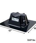 Black saddle rooftop pipe support with a 12x10 in base and 4 in saddle height for up to 3.5 in pipes.