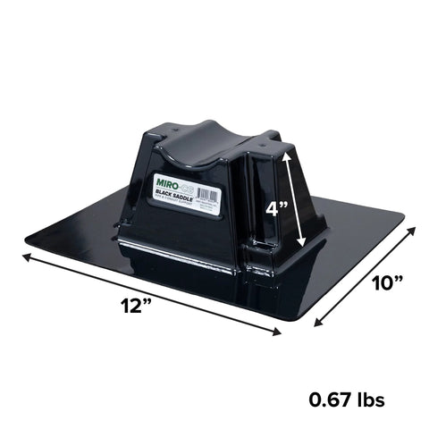 Black saddle rooftop pipe support with a 12x10 in base and 4 in saddle height for up to 3.5 in pipes.