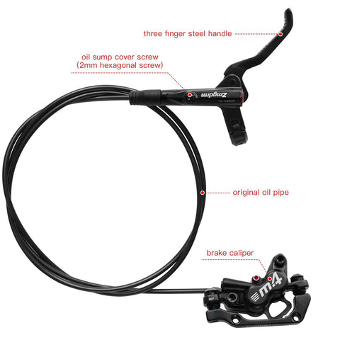 Splumzer MTB 4-piston hydraulic disc brake set with lever and caliper, black finish, brake hose.
